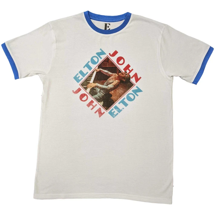 Elton John 'Piano Diamond' (White) Ringer T-Shirt