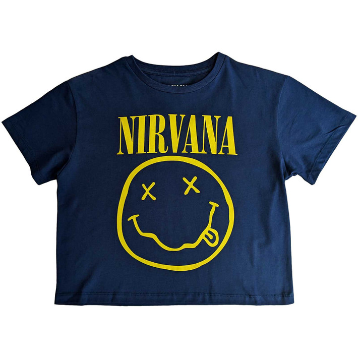 Nirvana 'Yellow Smiley Flower Sniffin' (Blue) Womens Crop Top