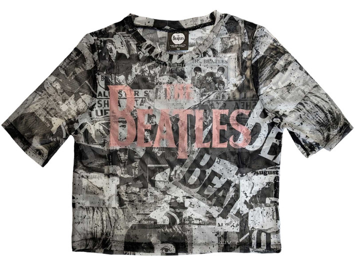 The Beatles 'All Over Print Drop T Logo' (Multicoloured) Womens Mesh Crop Top