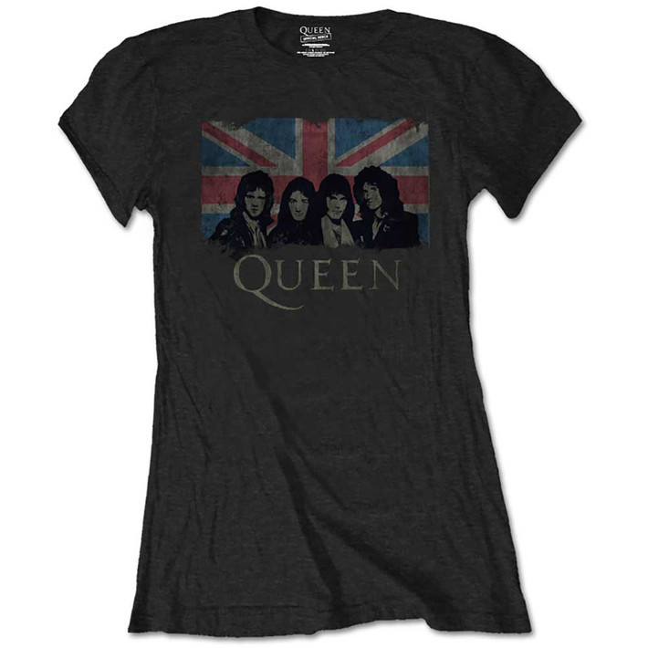 Queen 'Union Jack Vintage' (Packaged Black) Womens Fitted T-Shirt