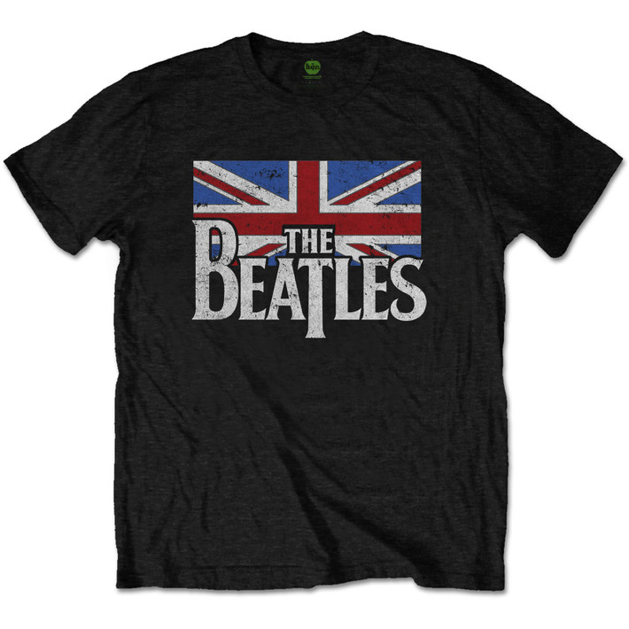 The Beatles 'Drop T Logo & Vintage Flag' (Black) T-Shirt