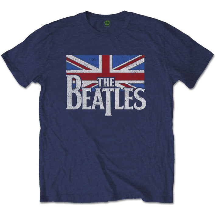 The Beatles 'Drop T Logo & Vintage Flag' (Navy) T-Shirt