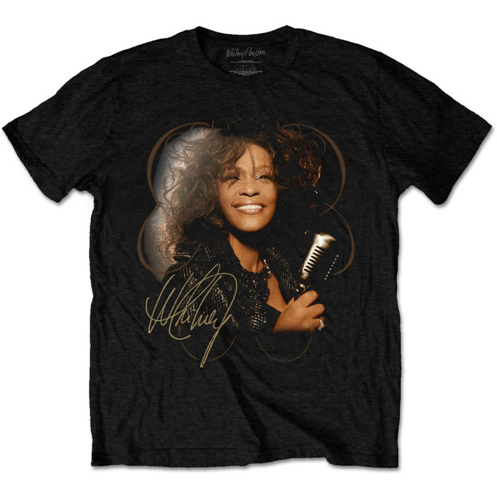 Whitney Houston 'Vintage Mic Photo' (Black) T-Shirt | Eyesore Merch