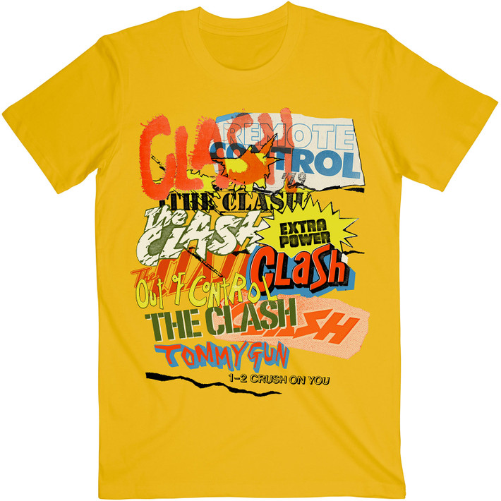 The Clash 'Singles Collage Text' (Yellow) T-Shirt