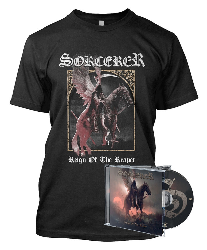 PRE-ORDER - Sorcerer 'Reign Of The Reaper' (Black) T-Shirt & CD Jewel Case Bundle - RELEASE DATE 27th October 2023