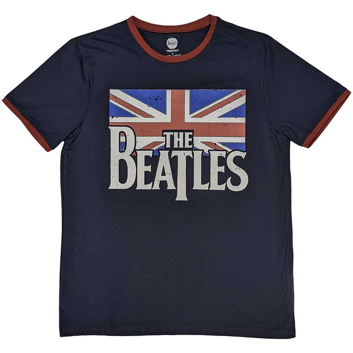 The Beatles 'Drop T Logo & Vintage Flag' (Navy Blue) Ringer T-Shirt