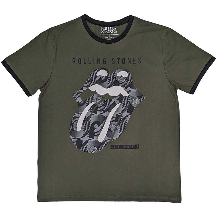 The Rolling Stones 'Black & White Tongue' (Khaki Green) Ringer T-Shirt