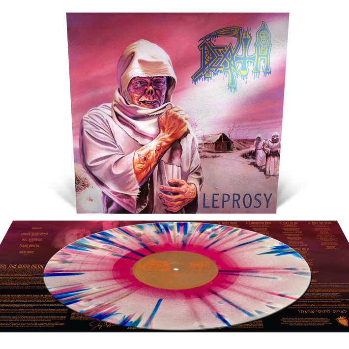 Death 'Leprosy' LP Foil Jacket  Hot Pink, Bone White and Blue Jay Tri Color Merge with Splatter Vinyl