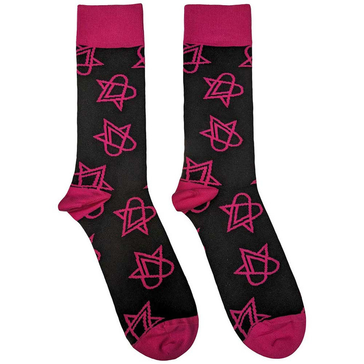 HIM 'Mini Pink Heartagrams' (Black) Socks (One Size = UK 7-11)