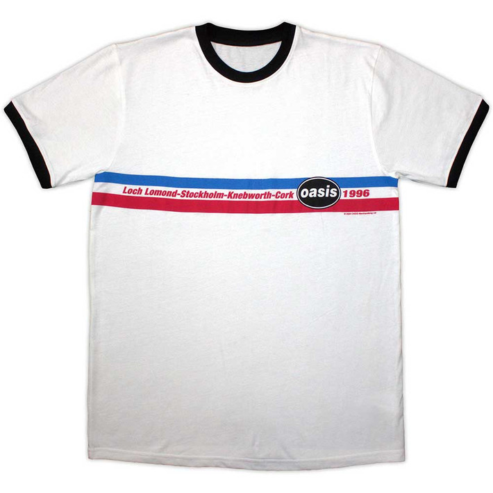 Oasis '1996 Tour Horizontal Stripes' (White & Black) Eco Ringer T-Shirt