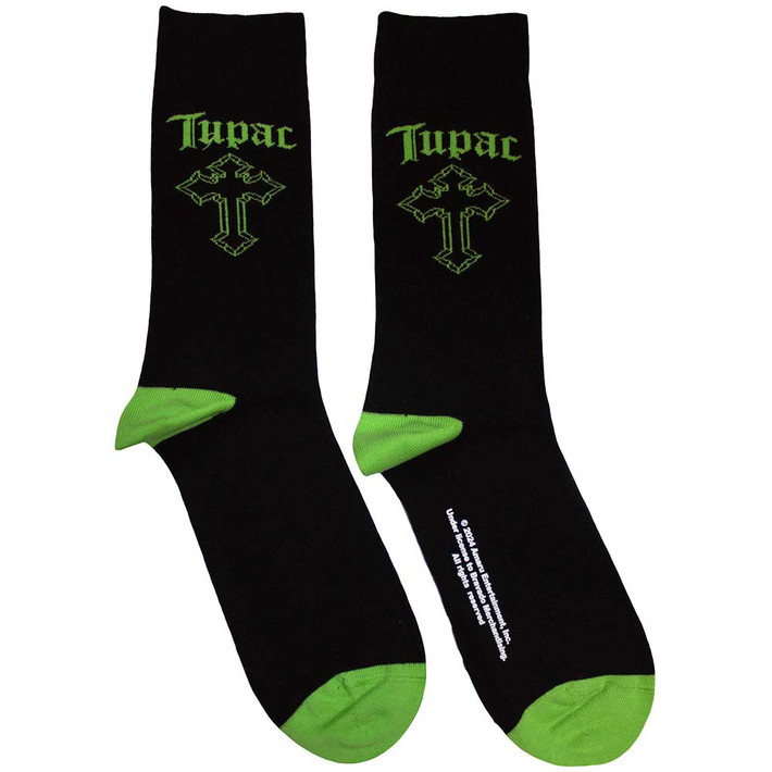 Tupac 'Green Cross' (Black) Socks (One Size = UK 7-11)