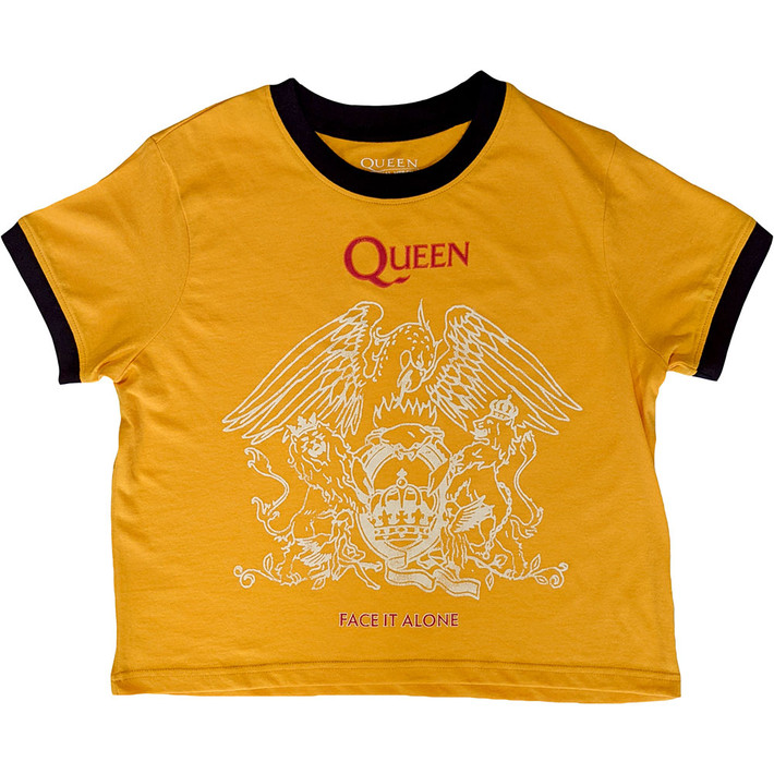 Queen 'Face It Alone Crest' (Yellow) Eco Ringer Crop Top