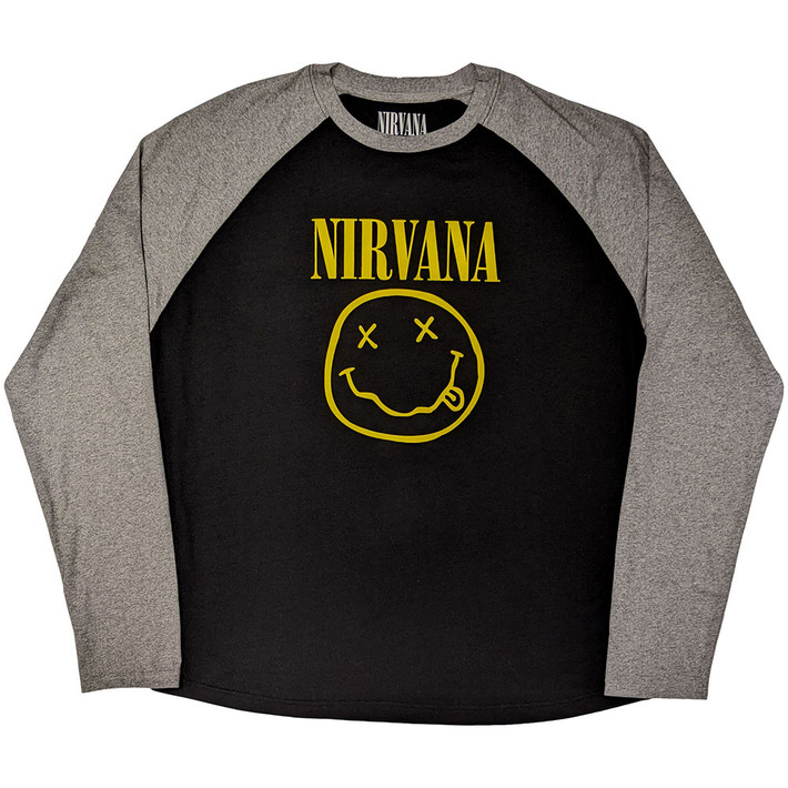 Nirvana 'Yellow Happy Face' (Black & Grey) Long Sleeve Eco Raglan Shirt