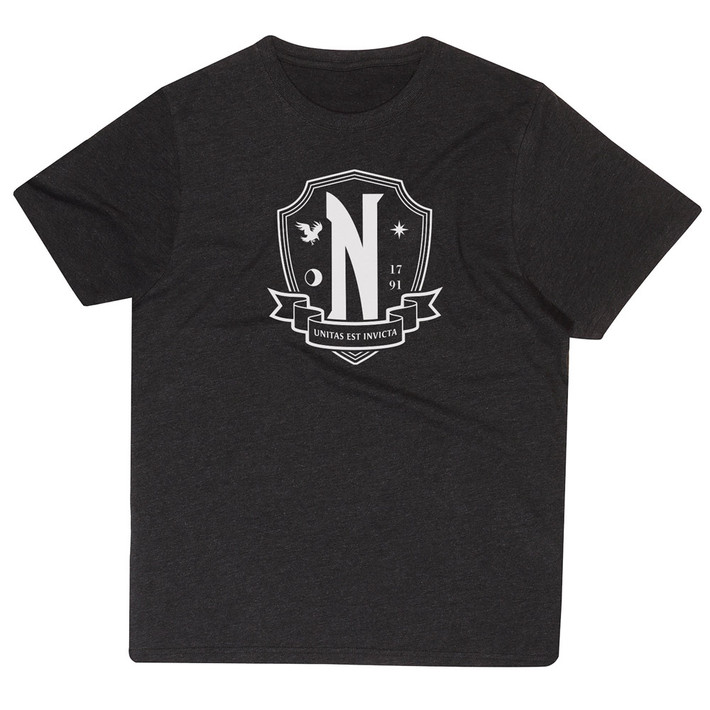 Wednesday 'Nevermore White Emblem' (Heather Black) T-Shirt