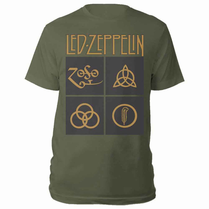 Led Zeppelin 'Gold Symbols in Black Square' (Green) T-Shirt