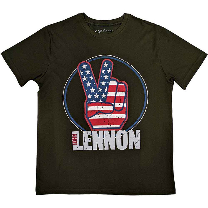 John Lennon 'Peace Fingers US Flag' (Military Green) T-Shirt
