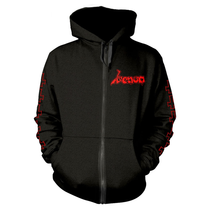 Venom 'At War With Satan Red' (Black) Zip Up Hoodie Front