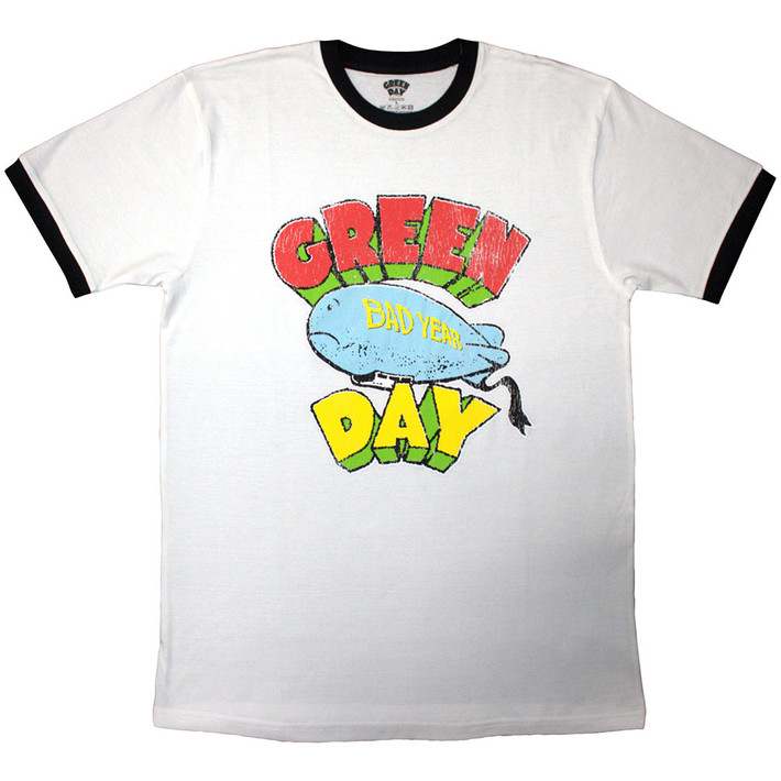 Green Day 'Bad Year Blimp' (White) Eco Ringer T-Shirt