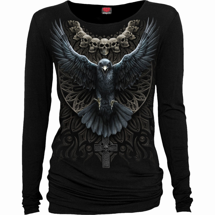 Spiral 'Raven Skull' (Black) Womens Fitted Long Sleeve Baggy T-Shirt