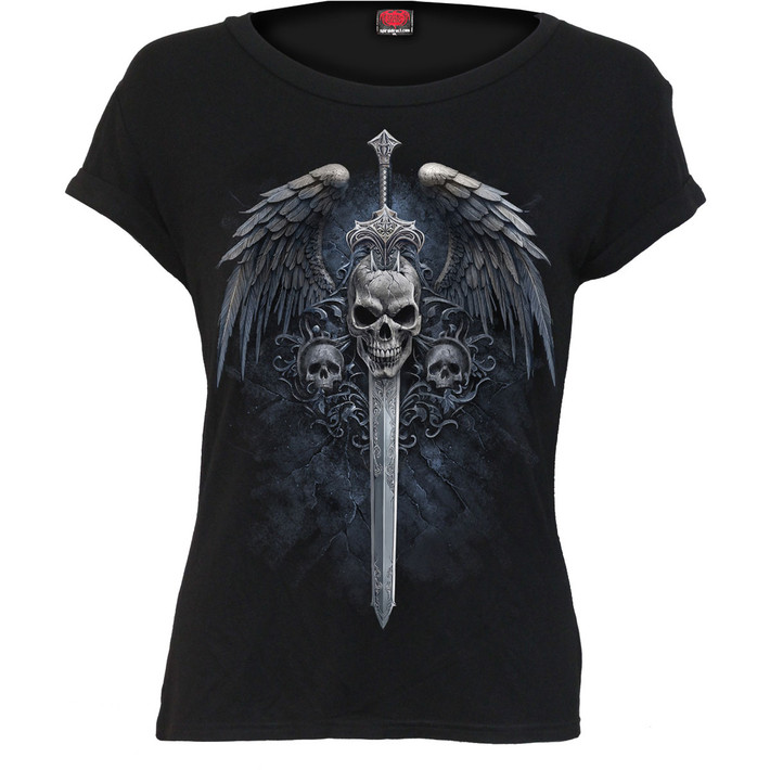Spiral 'Angel Sword' (Black) Womens Fitted Boatneck Bat Sleeve Top