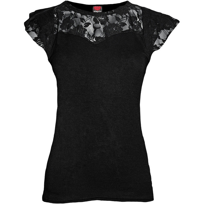 Spiral 'Plain' (Black) Womens Fitted Lace Layered Cap Sleeve Top
