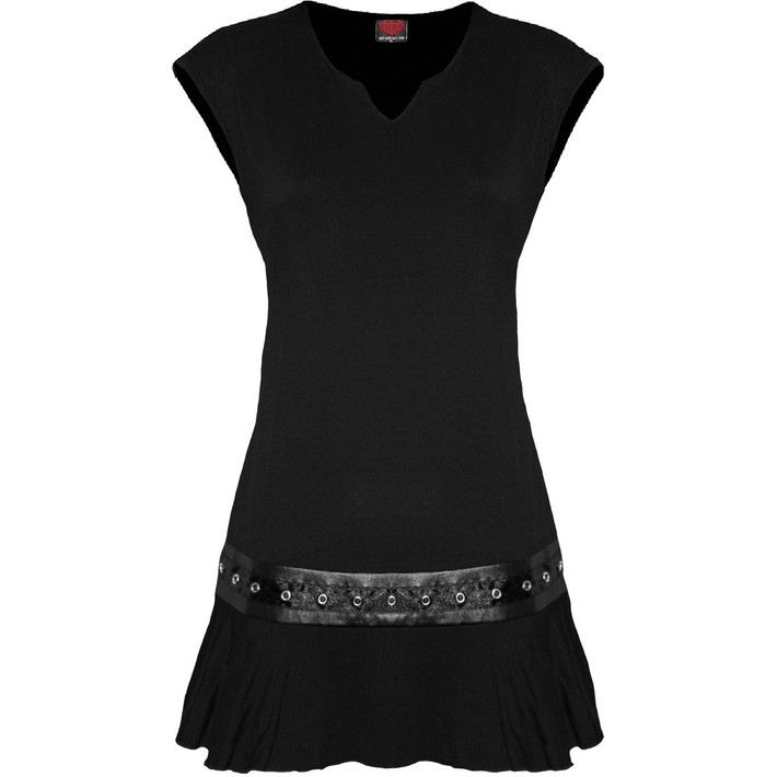 Spiral 'Plain' (Black) Womens Fitted Stud Waist Mini Dress