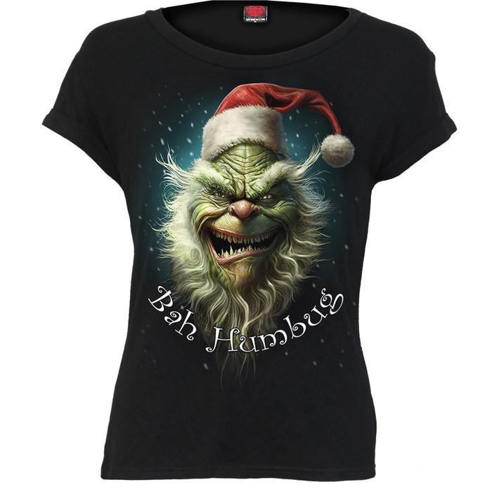 Spiral 'Bah Humbug' (Black) Womens Fitted Boatneck Cap Sleeve T-Shirt