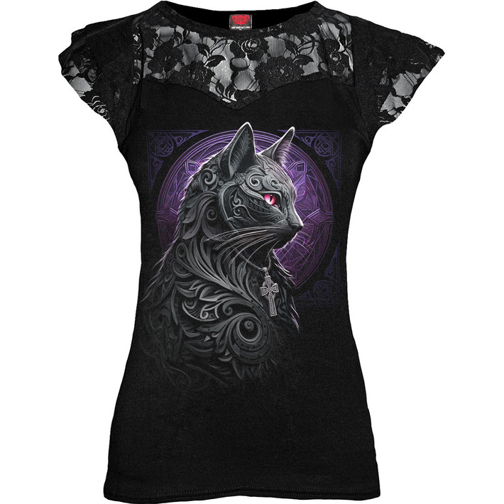 Spiral 'Celtic Whiskers' (Black) Womens Fitted Lace Layered Cap Sleeve Top