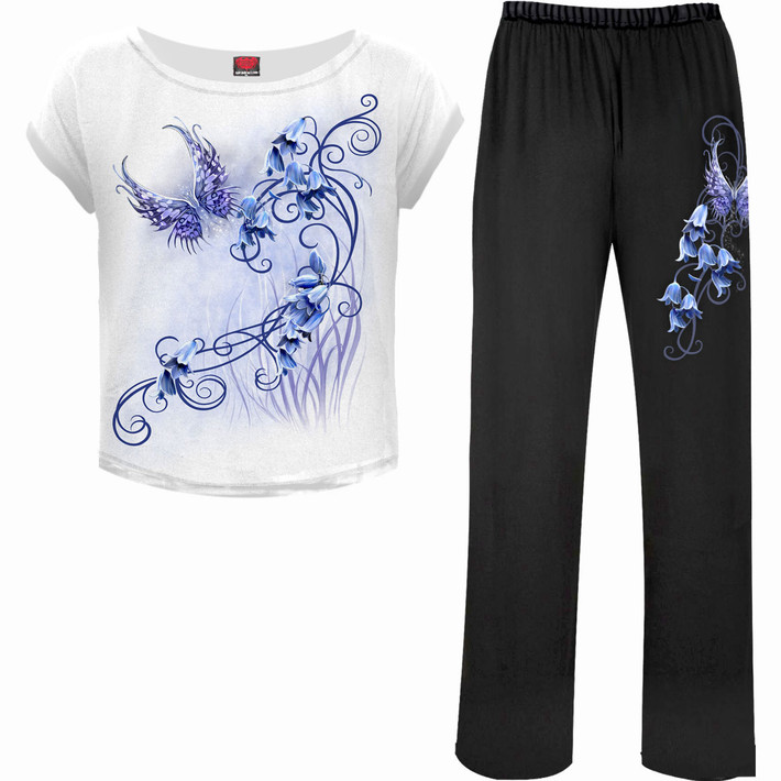 Spiral 'Bluebell Fairy' (Black & White) Womens Fitted 4 Piece Gothic Pyjama Set