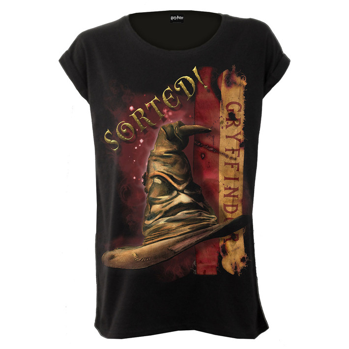 Harry Potter 'Gryffindor Hat' (Black) Womens Fitted Boatneck Cap Sleeve T-Shirt