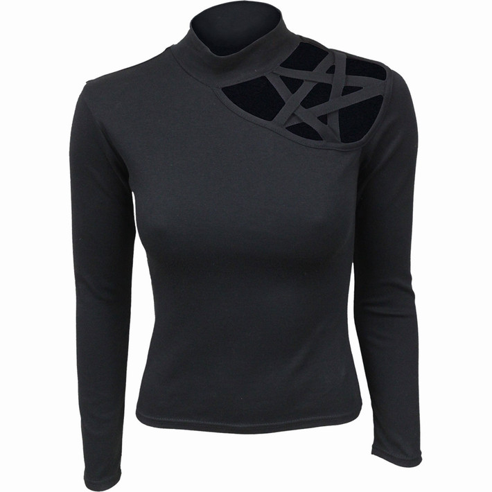 Spiral 'Plain' (Black) Womens Fitted Pentagram Shoulder Top