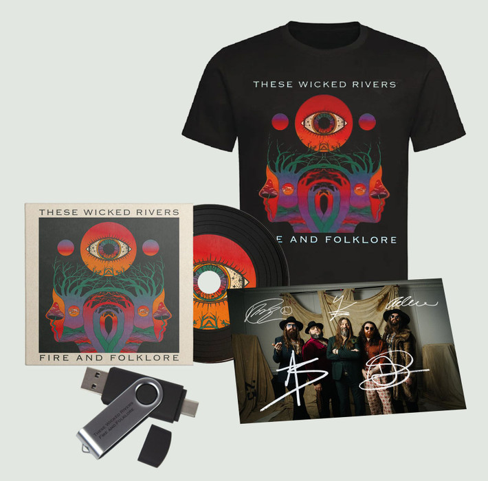 These Wicked Rivers 'Fire And Folklore' USB, CD & Black T-Shirt Bundle + Exclusive Signed Photo Card