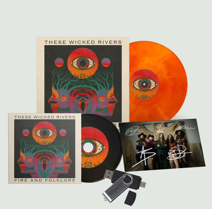 These Wicked Rivers 'Fire And Folklore' LP Fire Vinyl, USB & CD Bundle + Exclusive Signed Photo Card