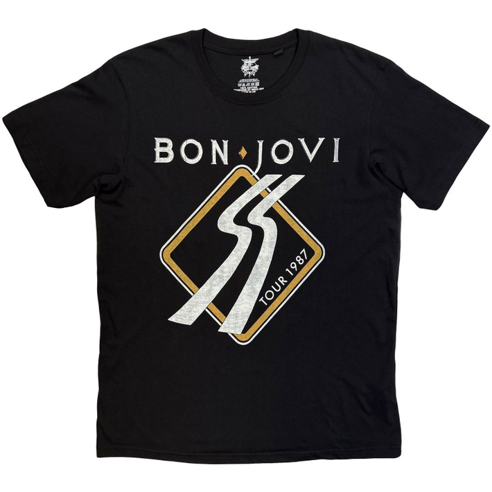 Bon Jovi 'Tour '87 Road Sign' (Black) T-Shirt