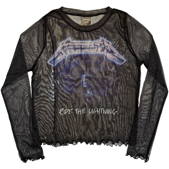 Metallica 'Ride The Lightning' (Black) Womens Fitted Long Sleeve Mesh Crop Top