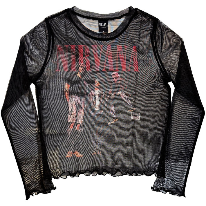 Nirvana 'In Utero Band Photo' (Black) Womens Fitted Long Sleeve Mesh Crop Top