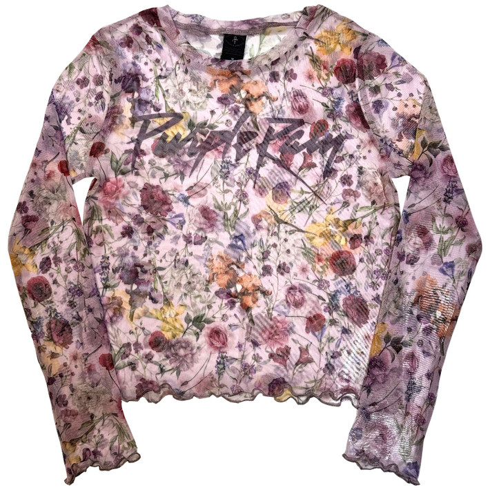 Prince 'Purple Rain Logo Floral' (Pink) Womens Fitted Long Sleeve Mesh Crop Top