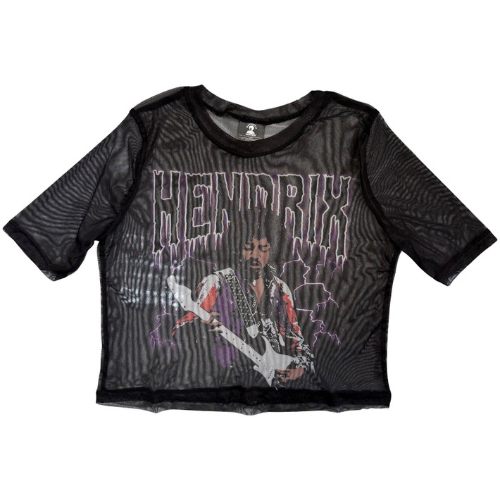 Jimi Hendrix 'Lightning' (Black) Womens Fitted Mesh Crop Top