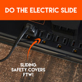 Sliding safety covers lock unused outlets for safety. 