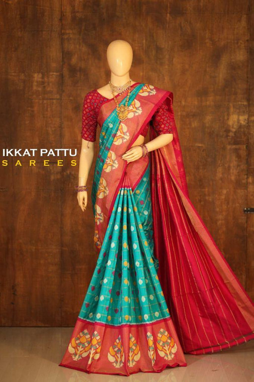 Ikkath Pochampally Sarees with Sky Blue and pink 12 inch Border