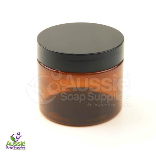 Wide Neck Tub - Amber with Black Lid 150ml Wide Neck Tub - Amber with Black Lid 150ml