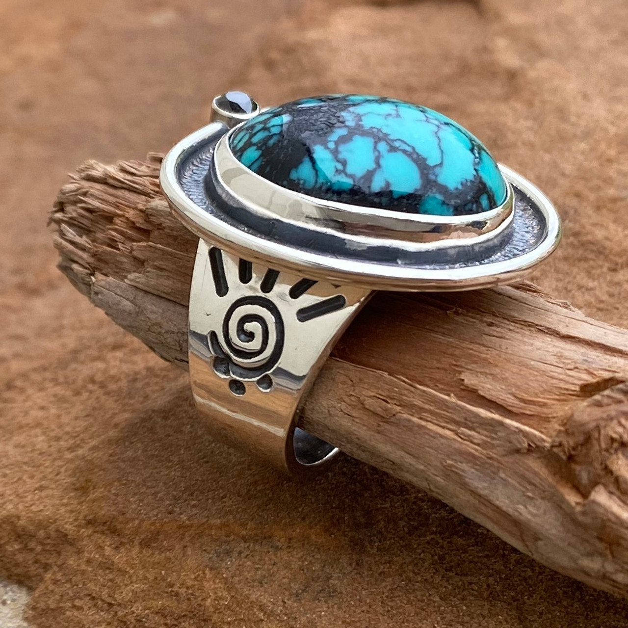 CLOUD MOUNTAIN TURQUOISE AND BLACK DIAMOND RING