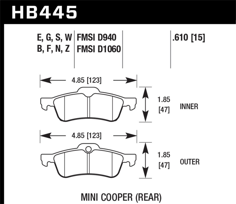 Hawk 02-08 Mini Cooper HPS 5.0 Street Rear Brake Pads - HB445B.610
