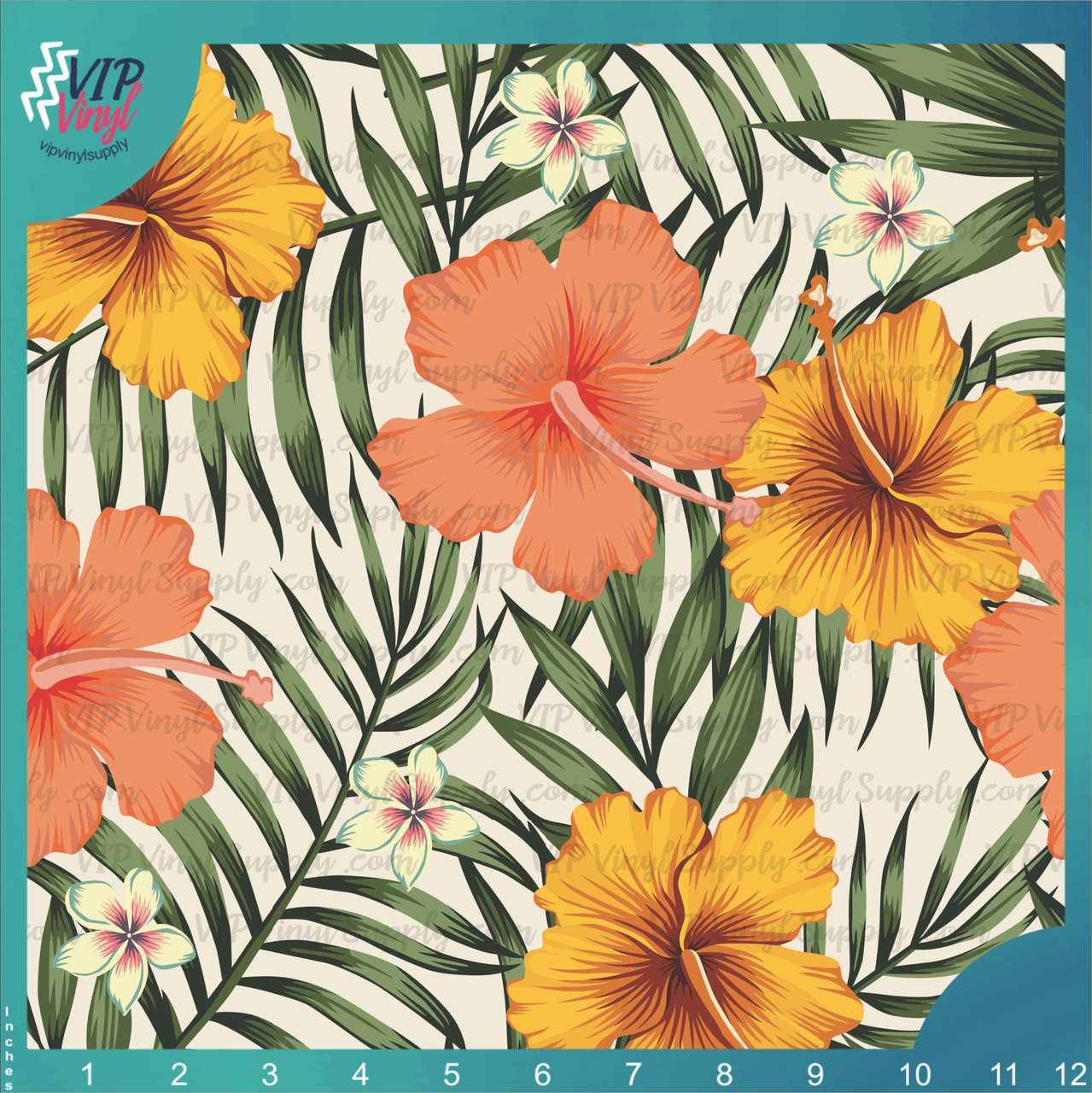 Floral HTV Vinyl Tropical Flower Pattern on Teal Vinyl 