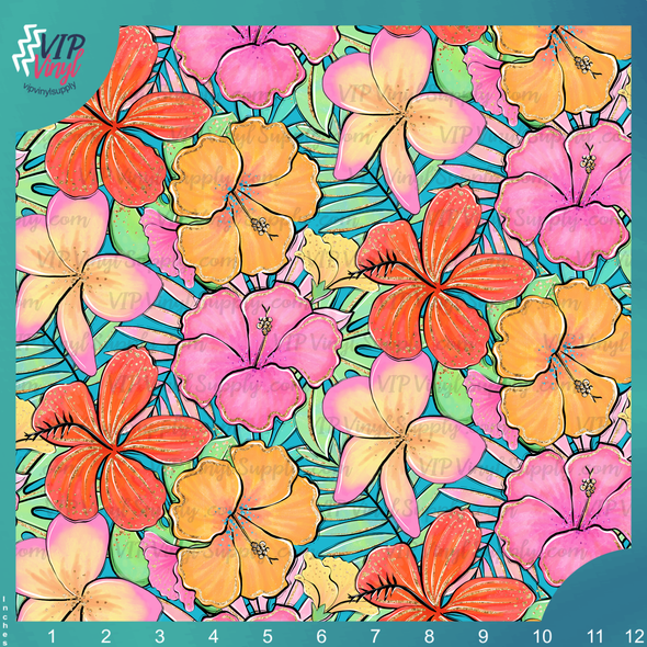 Floral HTV Vinyl Tropical Flower Pattern on Teal Vinyl 