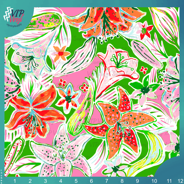 Preppy Floral Pattern Vinyl - Orange, Pink & Green | Outdoor Adhesive Vinyl or Heat Transfer Vinyl | 495As1