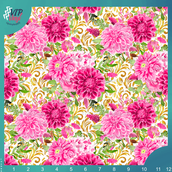 Pink Floral Patterned HTV Vinyl - White & Gold | Outdoor Adhesive Vinyl or Heat Transfer Vinyl | 524A