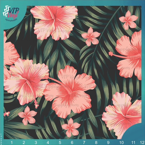 Watercolor Tropical Hibiscus Patterned Vinyl & HTV - Black | Outdoor Adhesive Vinyl or Heat Transfer Vinyl | 562B