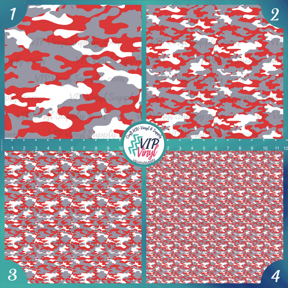 Camouflage Patterned HTV Vinyl - Gray, White and Red | Outdoor Adhesive Vinyl or Heat Transfer Vinyl | 164C
