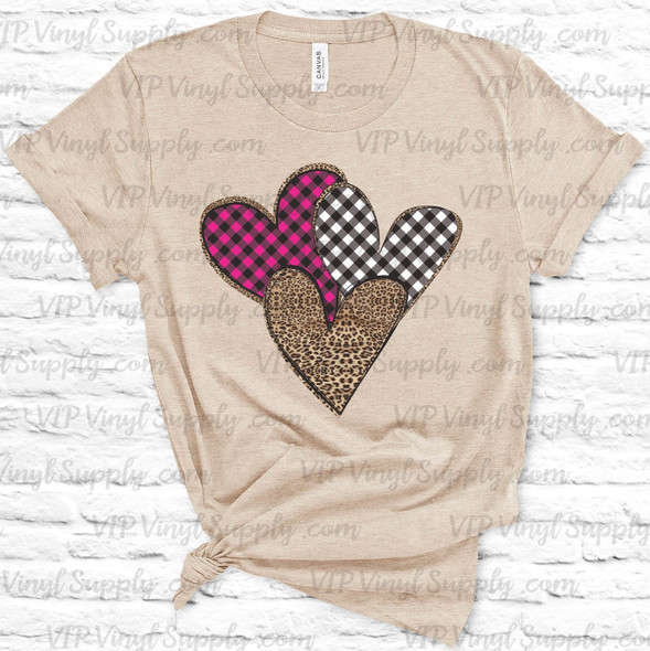 Three Hearts Leopard Buffalo Plaid for Women Valentine_s Day T